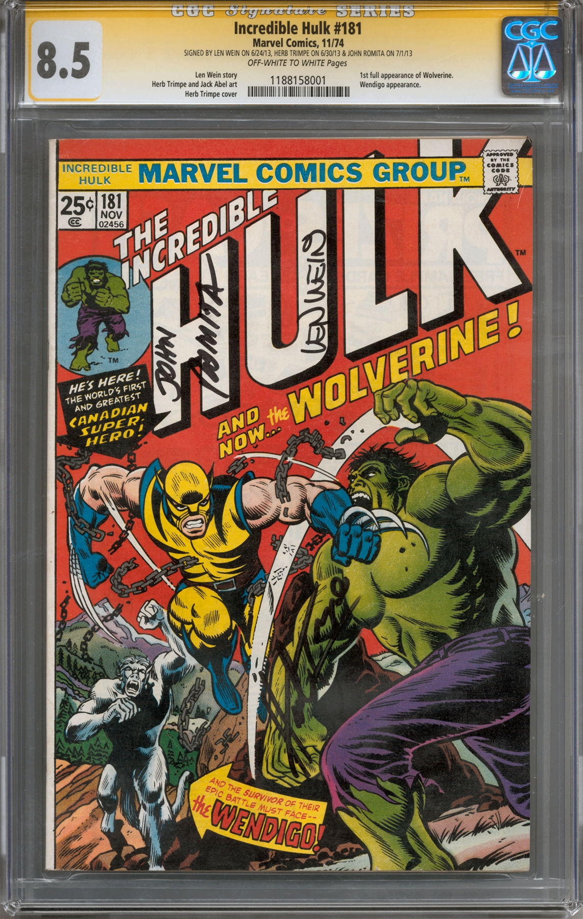 Incredible Hulk 181 CGC 8.5 (OWW) Signature Series (Wein, Trimpe