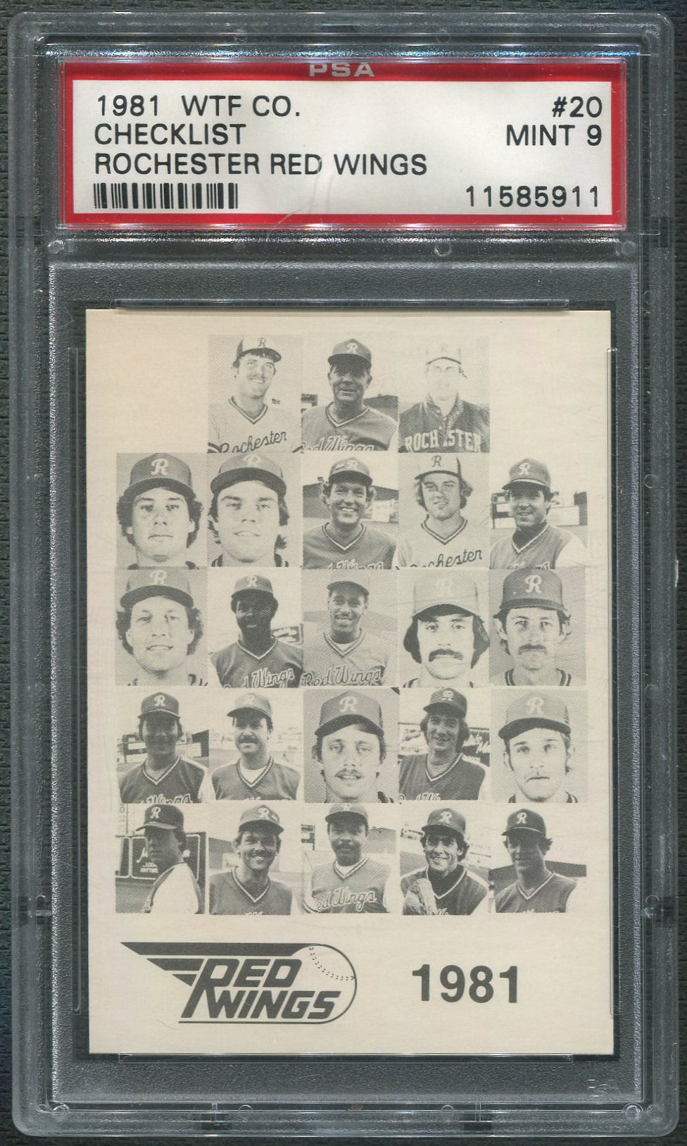 1981 Rochester Red Wings WTF 20 Team Photo Checklist PSA 9 (MINT