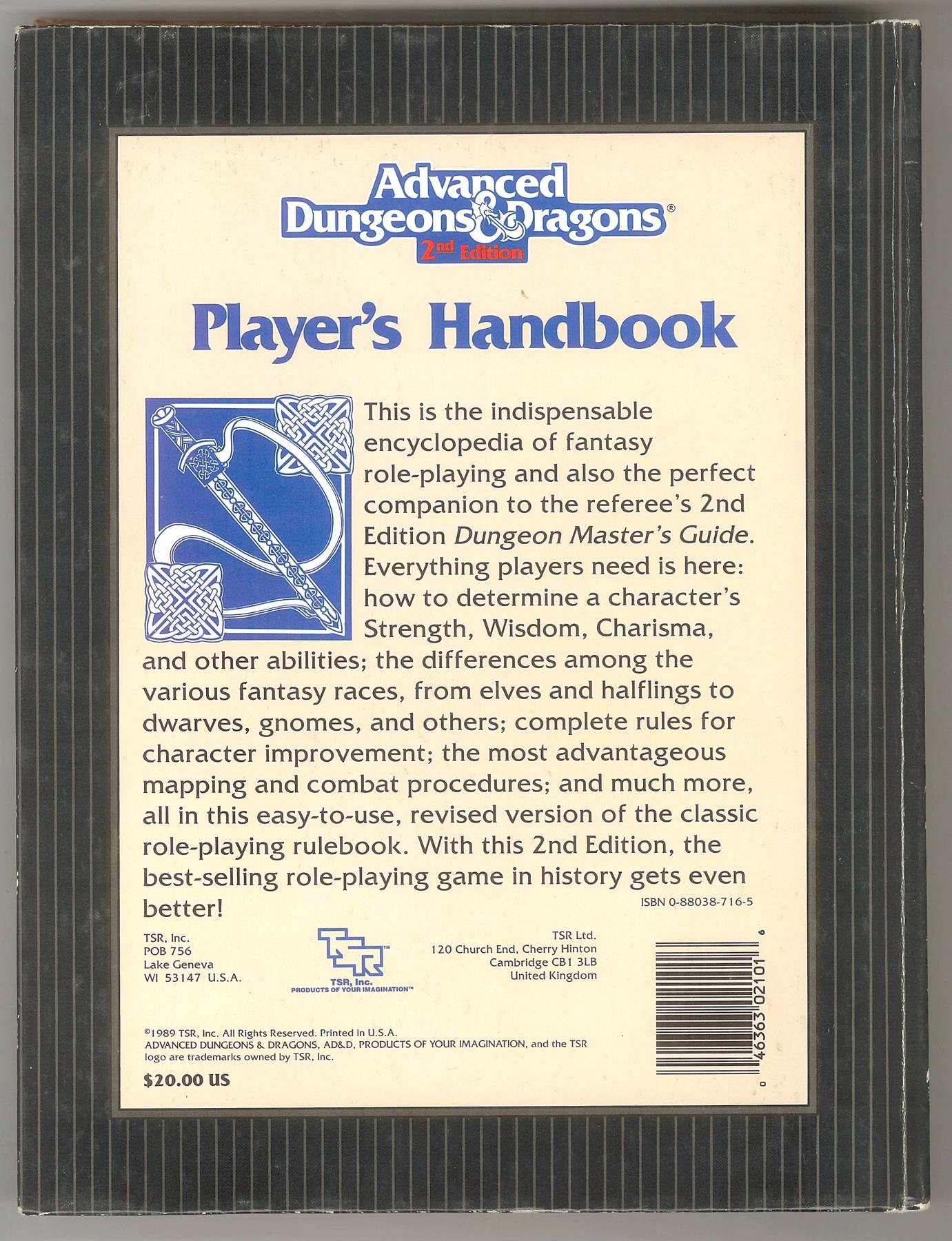 Advanced Dungeons and Dragons Player's Handbook 2nd Edition DA Card World