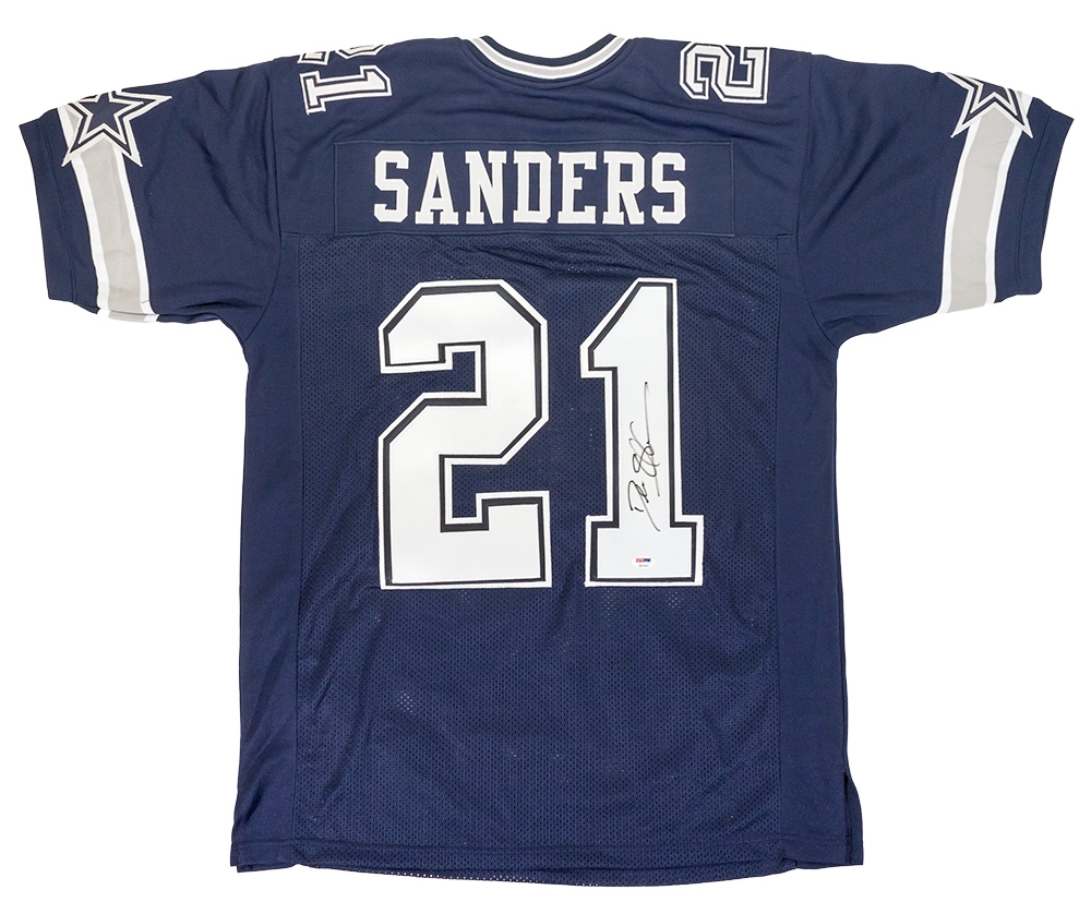 Deion Sanders Autographed Dallas Cowboys Blue Football Jersey (PSA