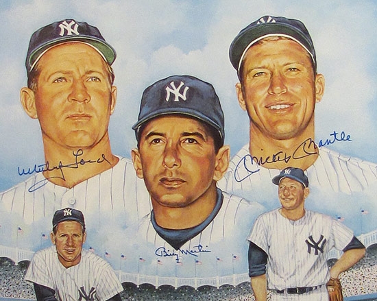 New York Yankees Autographed and Framed Litho Mickey Mantle, Billy