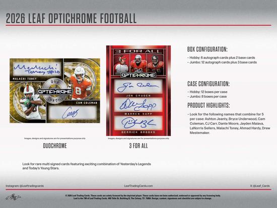 Image for 2026 Leaf Optichrome Football Hobby Jumbo 8-Box Case