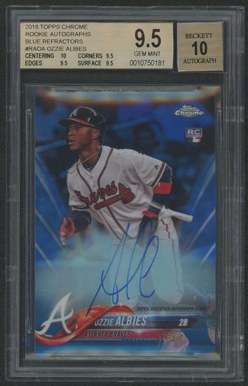 Image for 2018 Topps Chrome Baseball #RAOA Ozzie Albies Blue Refractor Rookie Auto #007/150 BGS 9.5 (GEM MT)