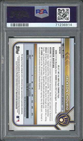 Image for 2022 Bowman Chrome Jackson Chourio 1st Auto Refractor /499 PSA 10