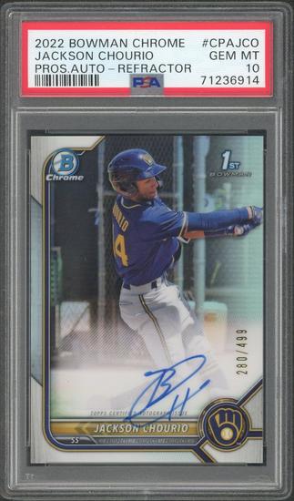 Image for 2022 Bowman Chrome Jackson Chourio 1st Auto Refractor /499 PSA 10