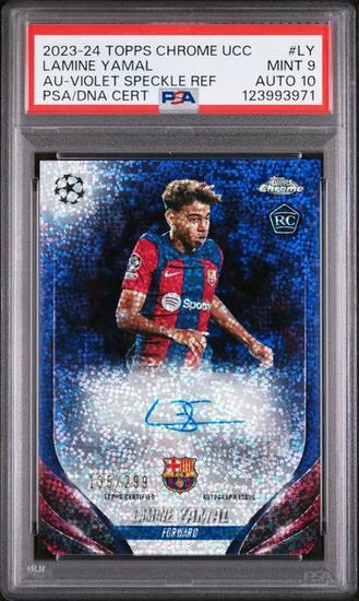 Image for 2023/24 Topps Chrome UCC Lamine Yamal Violet Speckle Auto /299 PSA 9