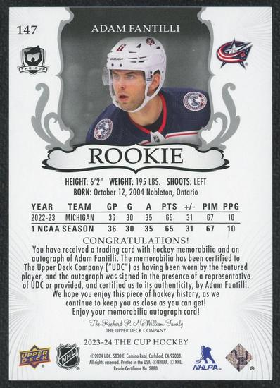 Image for 2023/24 Upper Deck The Cup Adam Fantilli Auto Button RPA /3