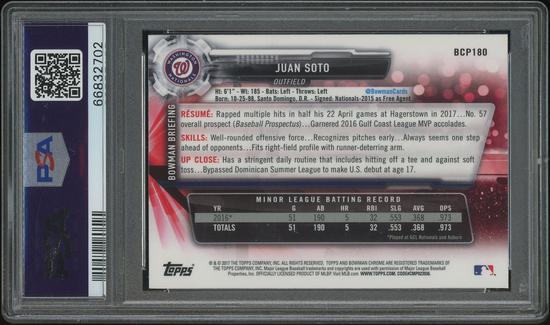 Image for 2017 Bowman Chrome Baseball #BCP180 Juan Soto Prospects Rookie PSA 10 (GEM MT)