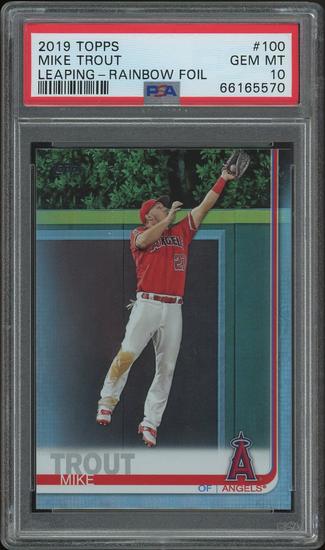 Image for 2019 Topps Baseball #100 Mike Trout Rainbow Foil Leaping PSA 10 (GEM MT)