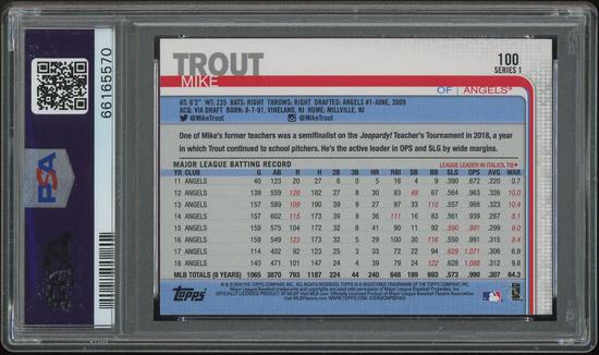 Image for 2019 Topps Baseball #100 Mike Trout Rainbow Foil Leaping PSA 10 (GEM MT)