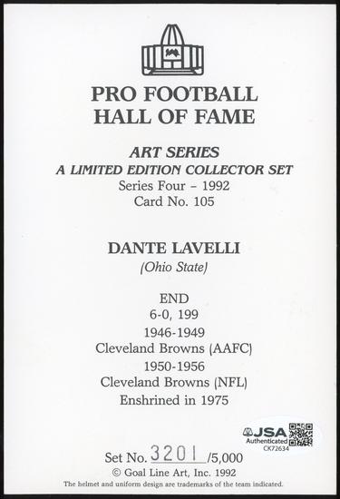 Image for Dante "Gluefingers" Lavelli Autographed Goal Line Art Card JSA CK72634 (Reed Buy)