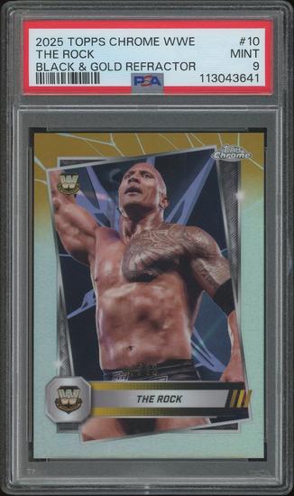 Image for 2025 Topps Chrome WWE Wrestling #10 The Rock Black & Gold Refractor #07/13 PSA 9 (MINT)