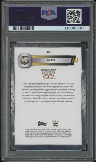 Image for 2025 Topps Chrome WWE Wrestling #10 The Rock Black & Gold Refractor #07/13 PSA 9 (MINT)