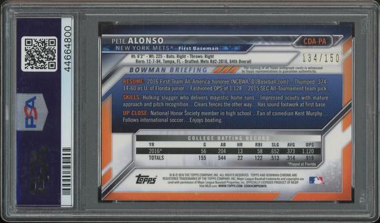 Image for 2016 Bowman Chrome Draft #CDAPA Pete Alonso Blue Wave Refractor Rookie Auto #134/150 PSA 7 (NM) Auto 10