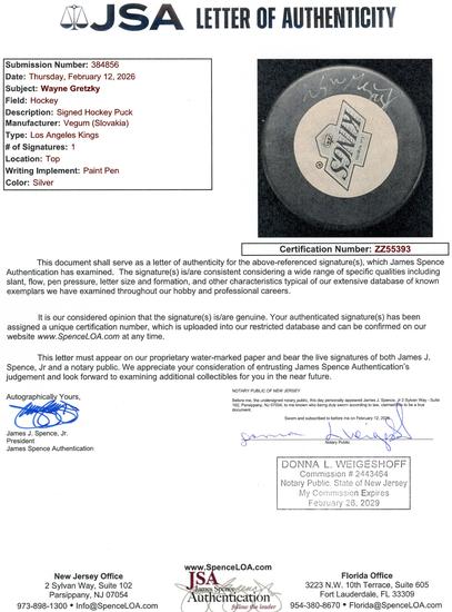 Image for Wayne Gretzky Autographed Los Angeles Kings Hockey Puck JSA ZZ55393 (Reed Buy)
