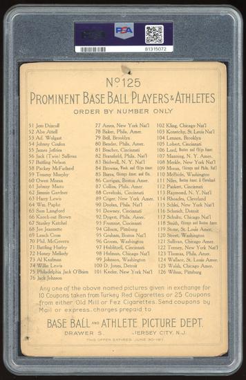 Image for 1911 T3 Turkey Red Cabinets #125 Ed Walsh checklist back PSA 1 *5072 (Reed Buy)
