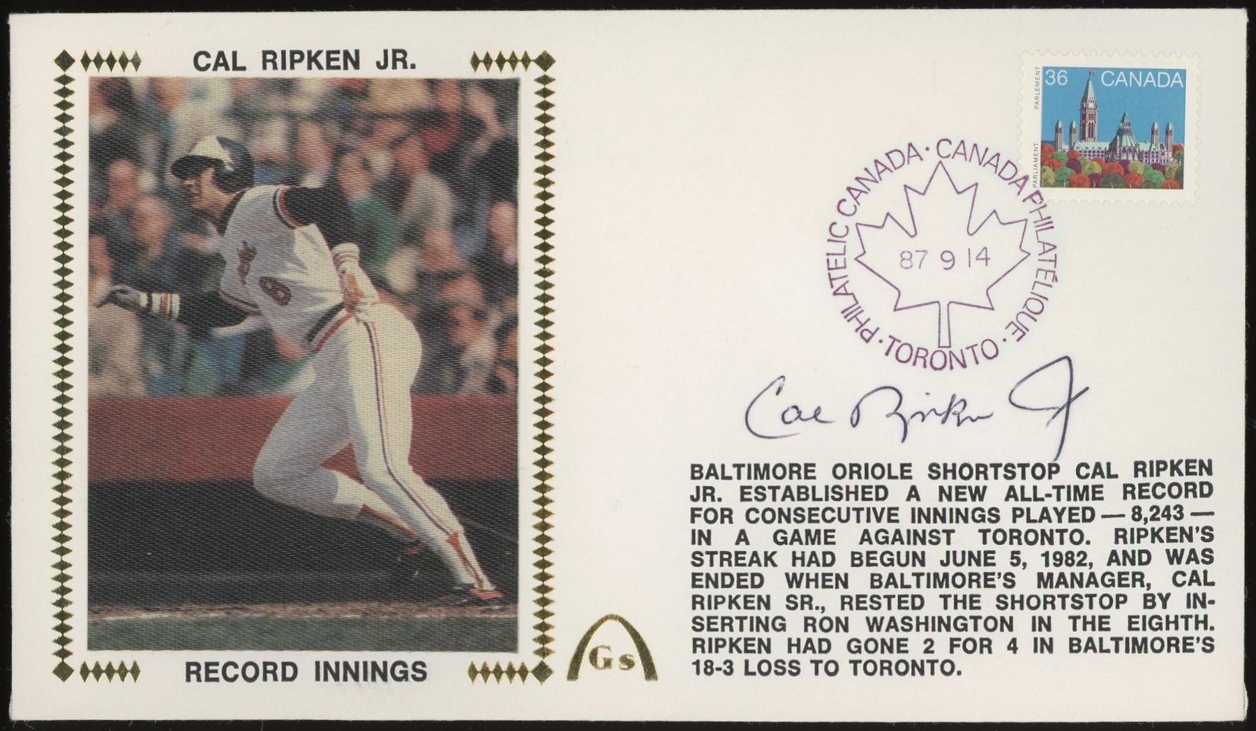 Cal Ripken J R Auto Card Cal Ripken Jr. Autographed FDC Gateway Cachet 9/14/87 JSA CK72099 (Reed ...
