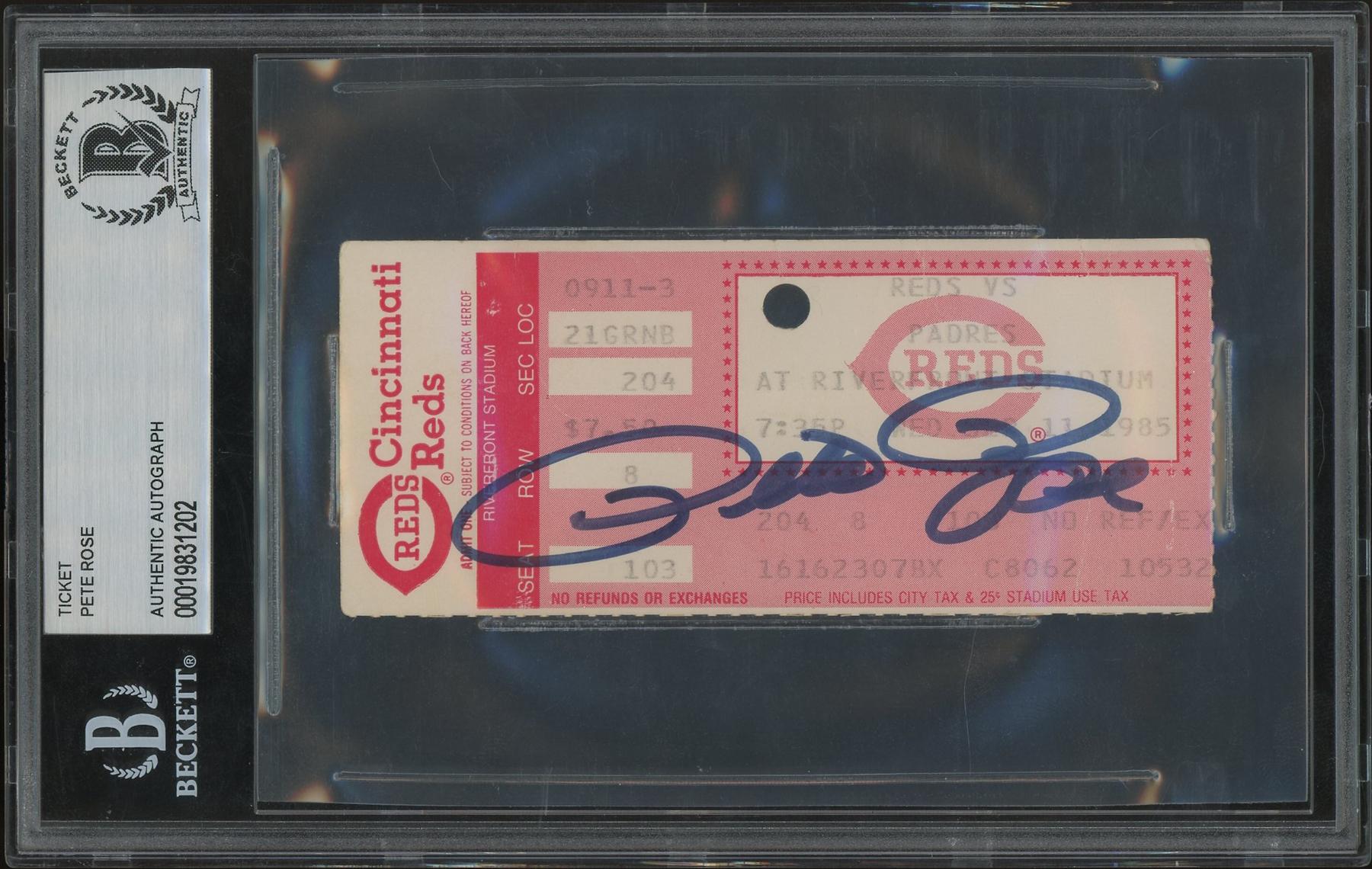 Pete Rose Signed Auto 9/11/1985 #4192 Hit Game Ticket BAS Authentc