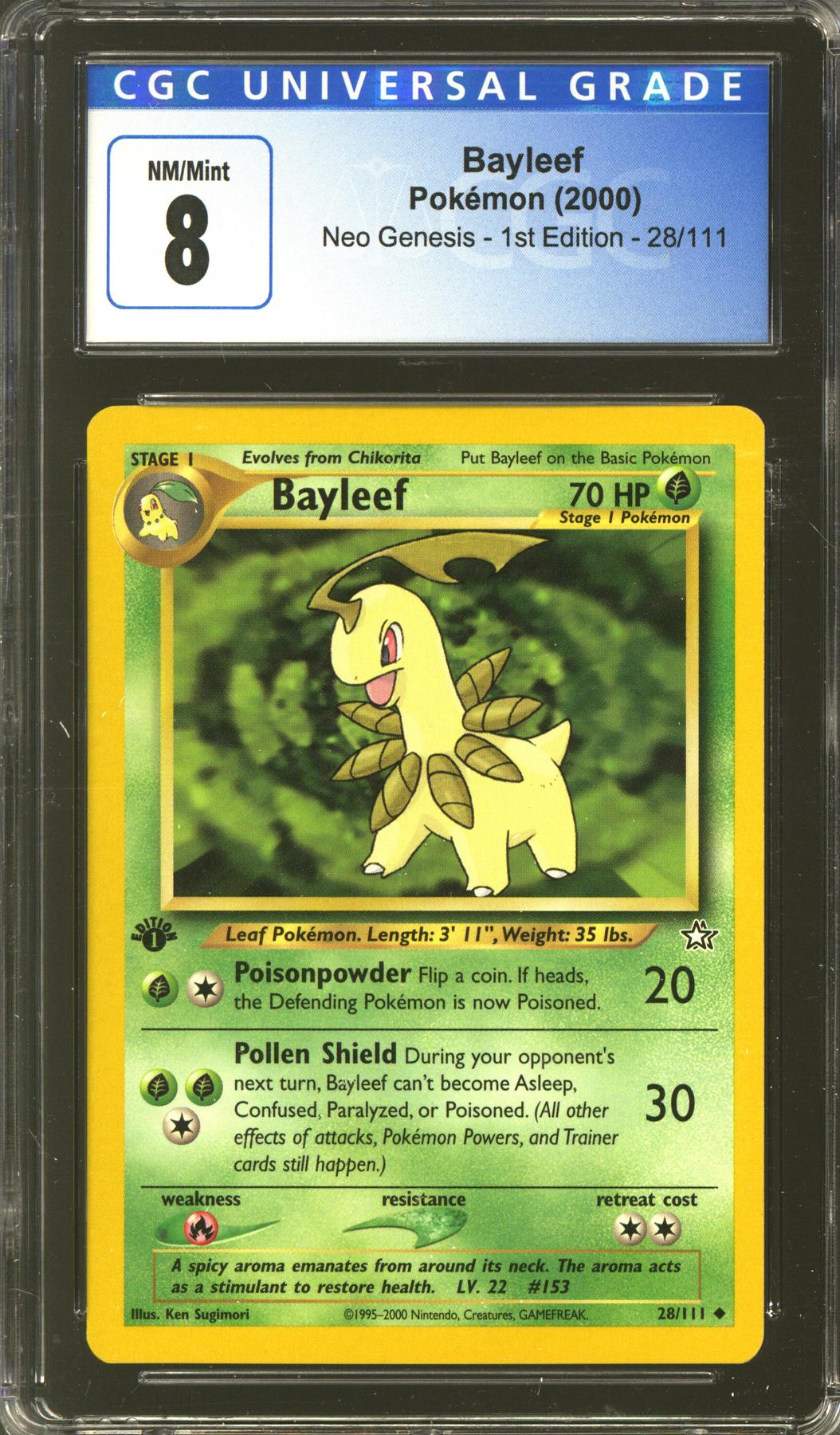 pokemon bayleef card 28/111 1st Edition Neo Genesis PSA 7 your opponents Active Pokmon is now Paralyzed. Pokemon Neo Genesis 1st Edition