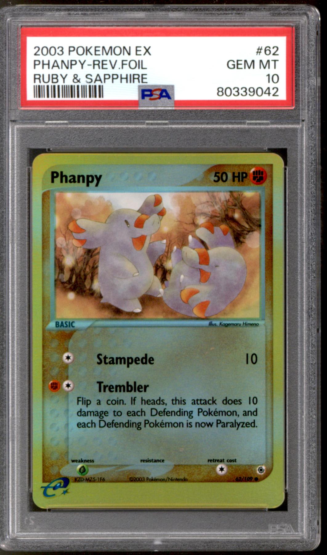 Pokemon EX Ruby & Sapphire Reverse Foil Phanpy 62/109 PSA 10 GEM MINT ...