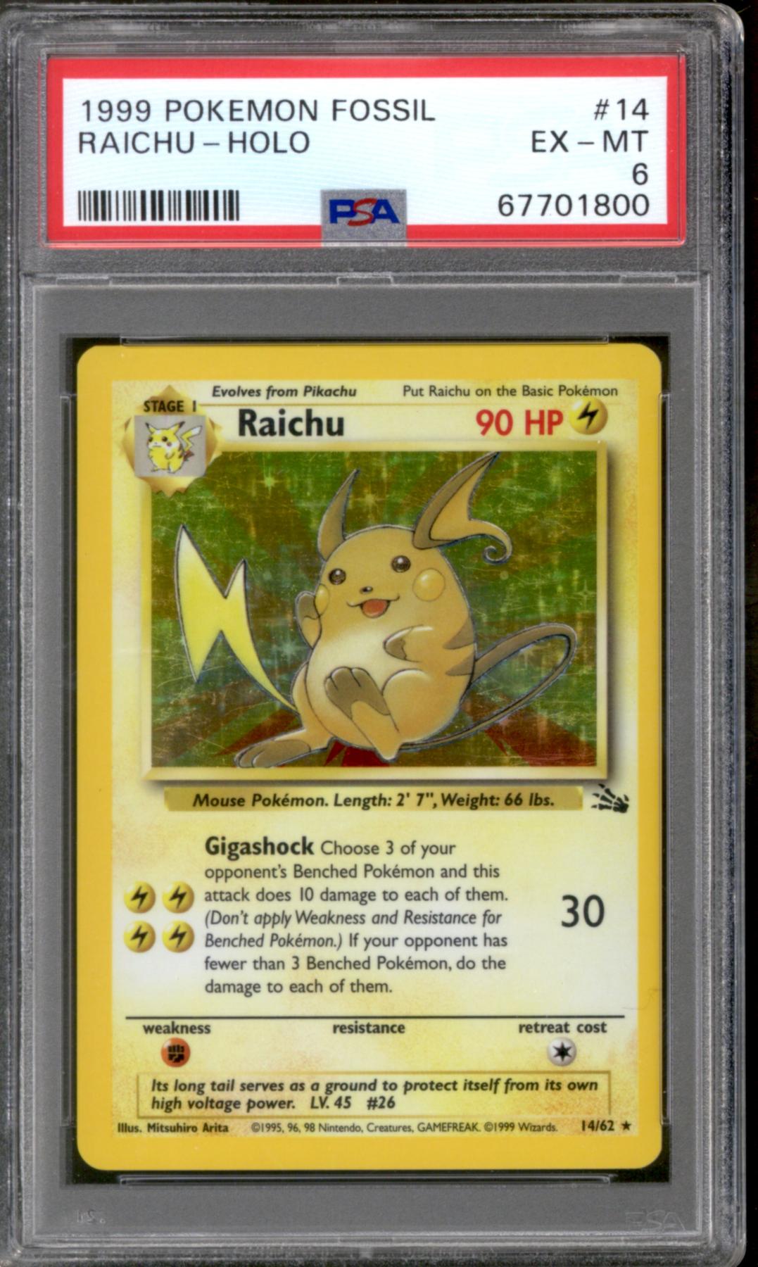 1995 raichu pokemon card · Base Set First Edition #14 (Shadowless) Commemorate your favorite tabletop game with this Raichu 1999 Pokemon Fossil Holo Rare #14 PSA Authenticated 7 Card 1995-99 Raichu 80 HP holo