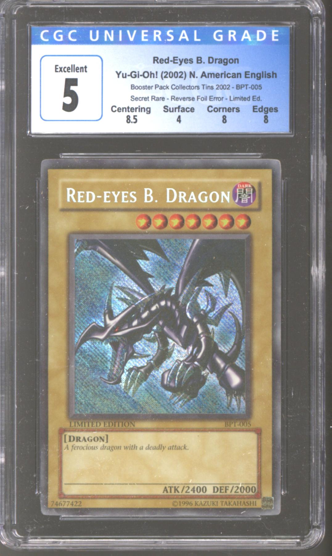 Yu-Gi-Oh Collectible Tin 2002 Secret Rare Reverse Foil Error Red-Eyes Black  Dragon BPT-005 CGC 5 + subs