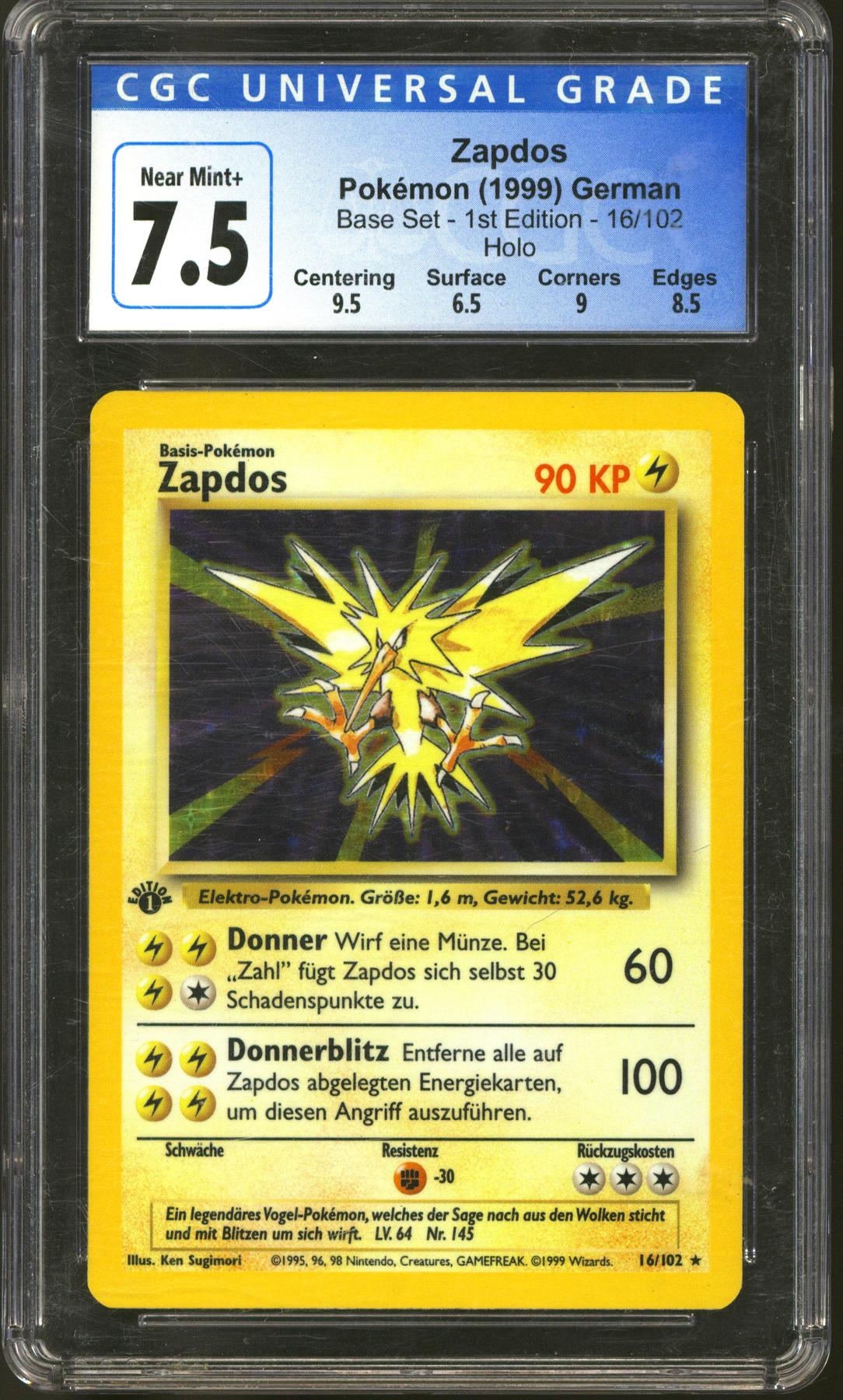 Pokemon Base Set 1st Edition GERMAN Zapdos 16/102 CGC 7.5 plus
